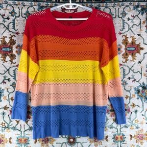 Rainbow Striped Open Knit Viscose Sweater Crew Neck XL Multicolor